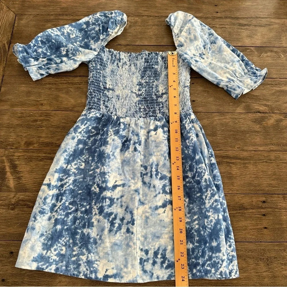 Reformation size Medium 100% Linen Blue Dyed Mini Dress Smocked Western Beachy - Picture 7 of 10